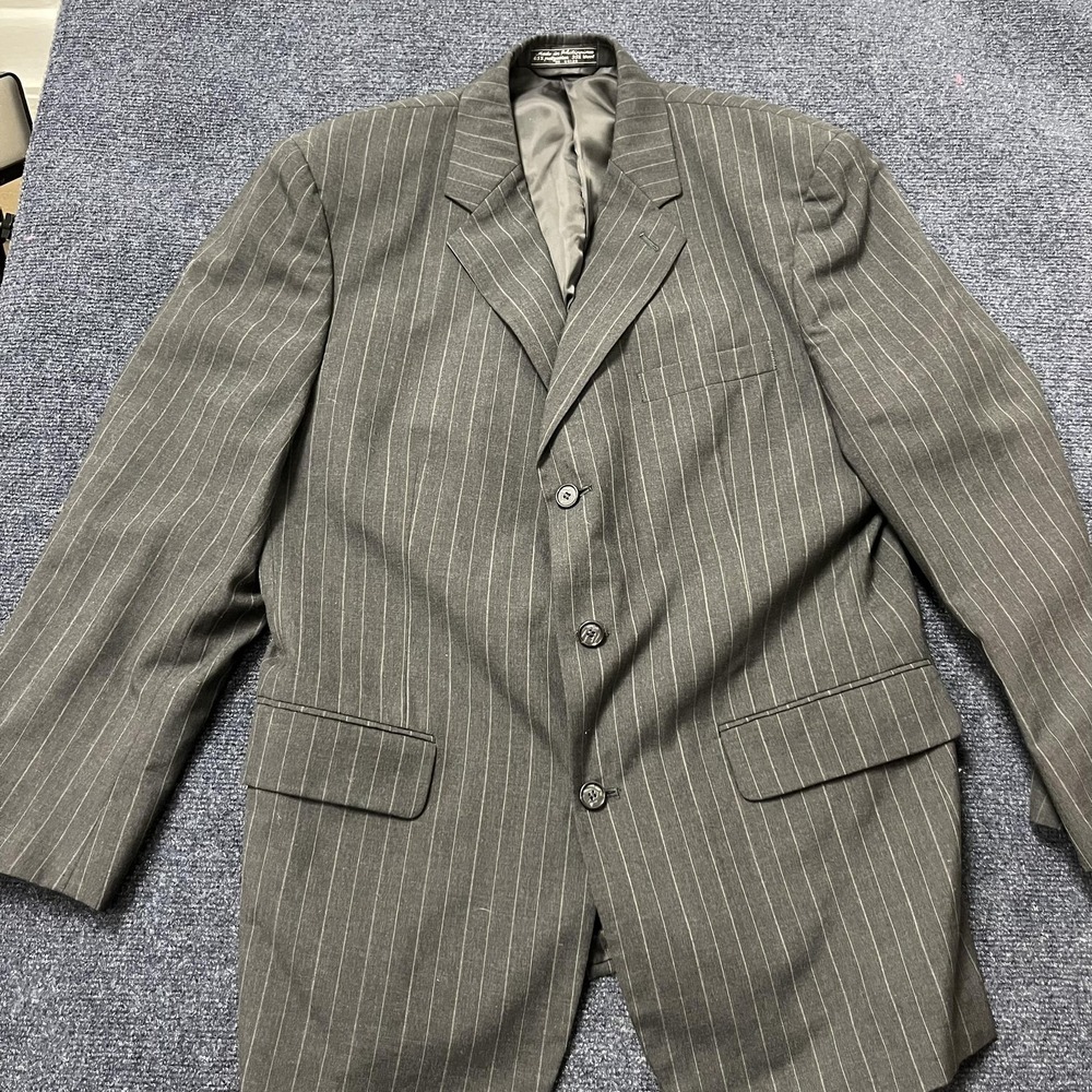 Pinstripe Blazer Mens Large Gray 3 Button Wool Blend Suit Jacket Classic Formal‎